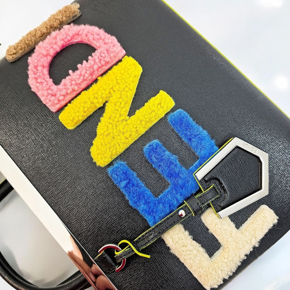 Fendi 2Jours Black Leather Tote Crossbody Bag Multicolor Shearling Logo - Picture 4 of 16